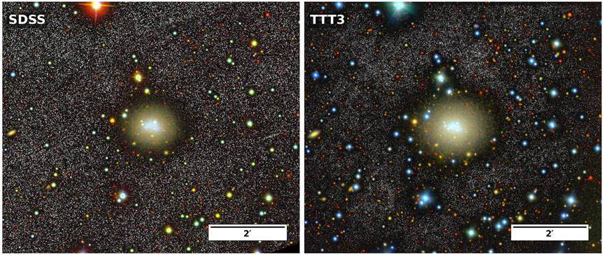 NGC 6789를 슬론 디지털 스카이 서베이(SDSS)로 관측한 기존 이미지(왼쪽)와 최근 TTT 망원경으로 얻은 심층 이미지(오른쪽).
