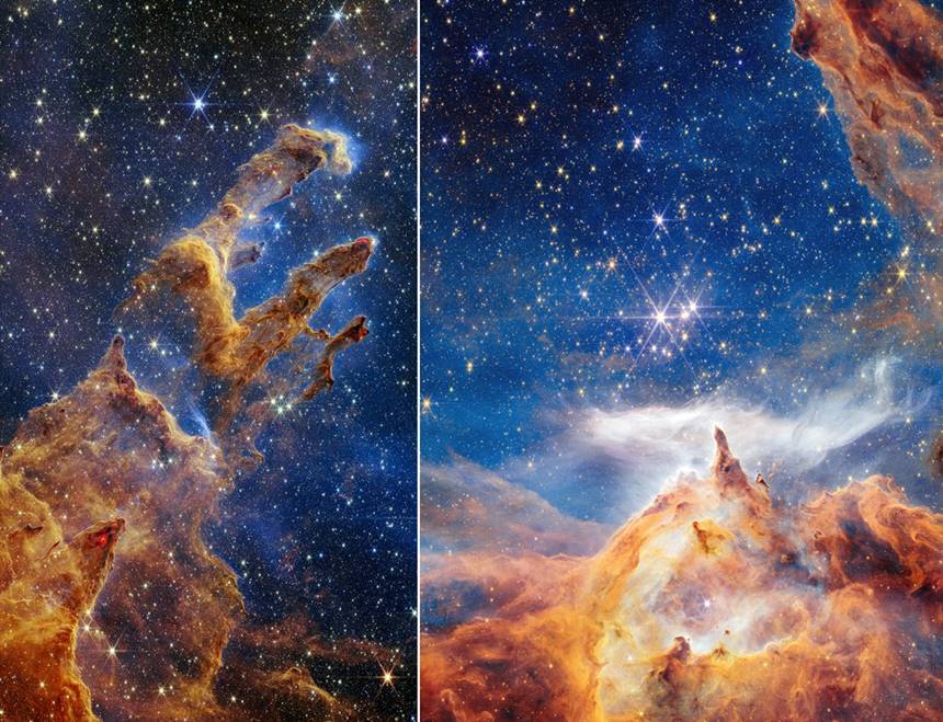 제임스 웹이 촬영한 창조의 기둥(왼쪽)과 피스미스 24 성단. 수많은 별이 탄생하는 현장이다. 사진=NASA, ESA, CSA, STScI