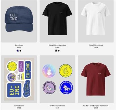 창업가들은 EU Inc.를 이끌어내기 위해 굿즈를 만들어 모은 자금으로 청원 운동을 했다. 사진=merch.eu-inc.org