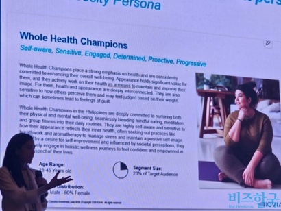 ​제랄딘 존 아이큐비아 옴니채널 마케팅 사업부 총괄이 지난해 11월 서울에서 개최한 인사이트 포럼에서 필리핀 비만 시장 데이터를 AI로 분석해 도출한 AI 페르소나에 대해 설명하고 있다. 사진=최영찬 기자