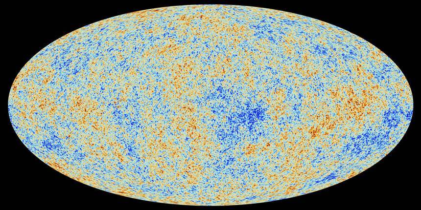 우주배경복사의 미세한 온도 요동을 보여주는 그림.