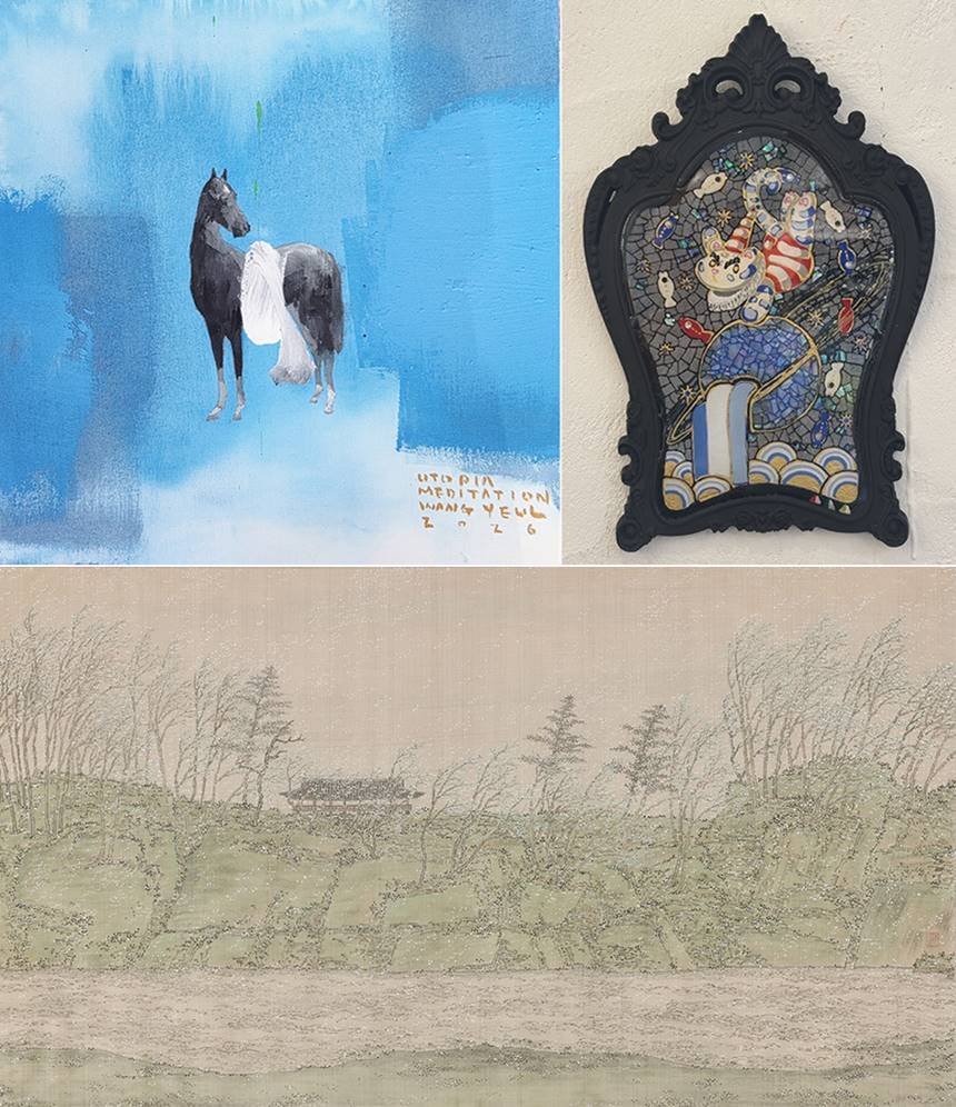왕열_Utopia-Meditation: 38×38cm Acrylic on canvas 2026, 노이서_지혜: 19.9×31cm Mixed media 2026, 제현모_삼척 죽서루: 101×58cm 비단에 수묵채색 2022(왼쪽 위부터 시계방향).