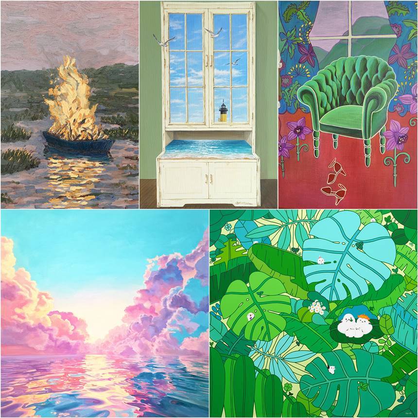 김호준_Campfire: 60×60cm Oil on canvas 2024, 조은주_장식장-노란등대와 갈매기: 27.3×40.9cm Acrylic on canvas 2024, 김양미_My forest: 31.5×40.7cm Acrylic on canvas 2026, 한아름_Hide & seek(Assemble)213: 90.9×90.9cm Acrylic on canvas 2026, 양지훈_Peaceful scenery#38: 80.3×80.3cm Oil on canvas 2025(왼쪽 위부터 시계방향).