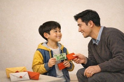 세뱃돈은 아이가 처음 경험하는 ‘사회적 돈’이다. 아이가 스스로 써보고 고민할 수 있는 수준의 돈과 함께 지난 1년을 돌아보는 말 한마디를 건네는 것이 중요하다. 사진=생성형 AI