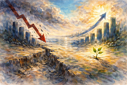 OECD 장기경제전망에 따르면 2056~2060년 한국의 잠재성장률은 평균 0.01%로 급락하며 사실상 경제성장이 멈추는 단계까지 추락하게 된다. 일러스트=생성형 AI