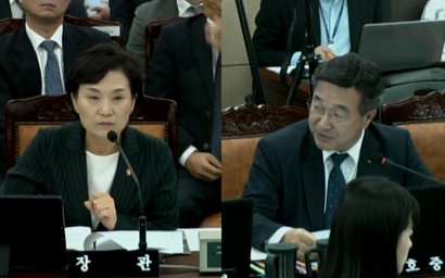 2019년 국정감사에서 윤호중 당시 더불어민주당 의원이 김현미 당시 국토교통부 장관에게 질의하고 있다. 사진=국회영상회의록