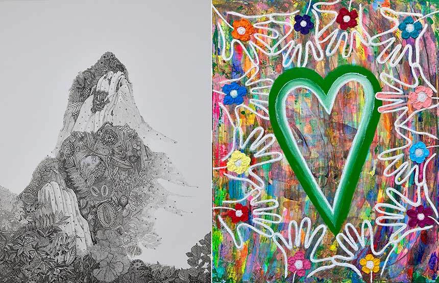 이미희_그날의 기억 2401: 50×65cm Drawing on paper(swarovski) 2024(왼쪽), 코시_I AM LOVE: 72.7×90.9cm, Mixed media on canvas 2025