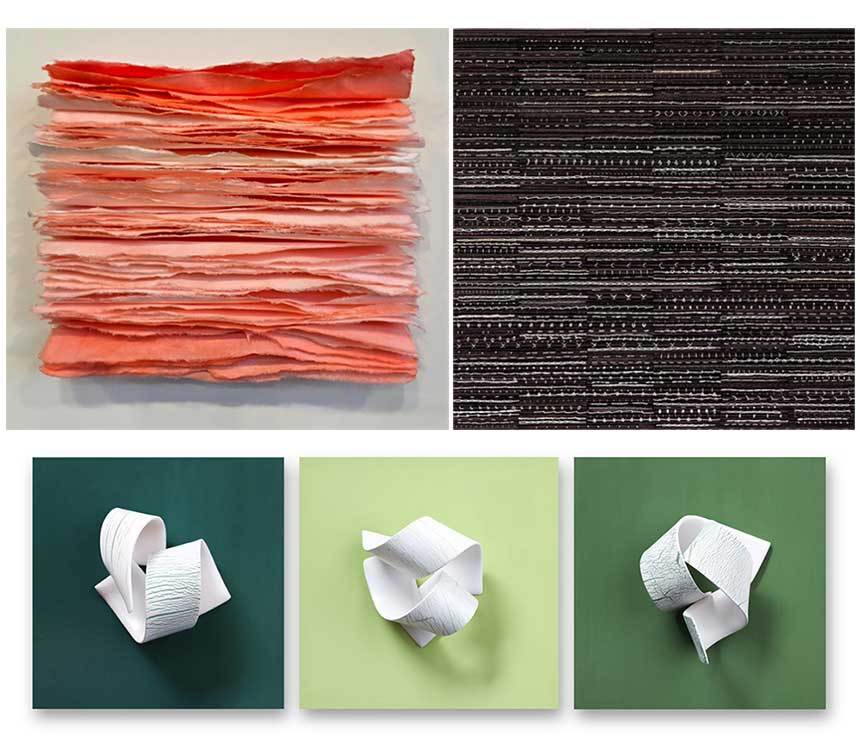 박준희_내안의 너 결: 32×30cm, Mixed media 2025, 이혜원_이야기의 향연 sereis5: 40×40cm Binding & piling 2023, 성주영_거짓말은 무슨색일까 시리즈: 25×25cm(each) 백자, 상감기법 2025(왼쪽 위부터 시계방향).