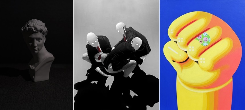 김호성_원본의상실 줄리아노: 66×100cm Pigmentprint 2026, 채정완_삼권분립: 91×116.8cm Acrylic on canvas 2024, 김인_no reason: 27.3×34.8xcm Acrylic on canvas 2025(왼쪽부터).