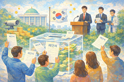 ‘국민주권’ 간판 아래, 국민참여예산은 공공기관 제안과 특정인 몰아치기에 흔들리고 있다. 일러스트=생성형 AI