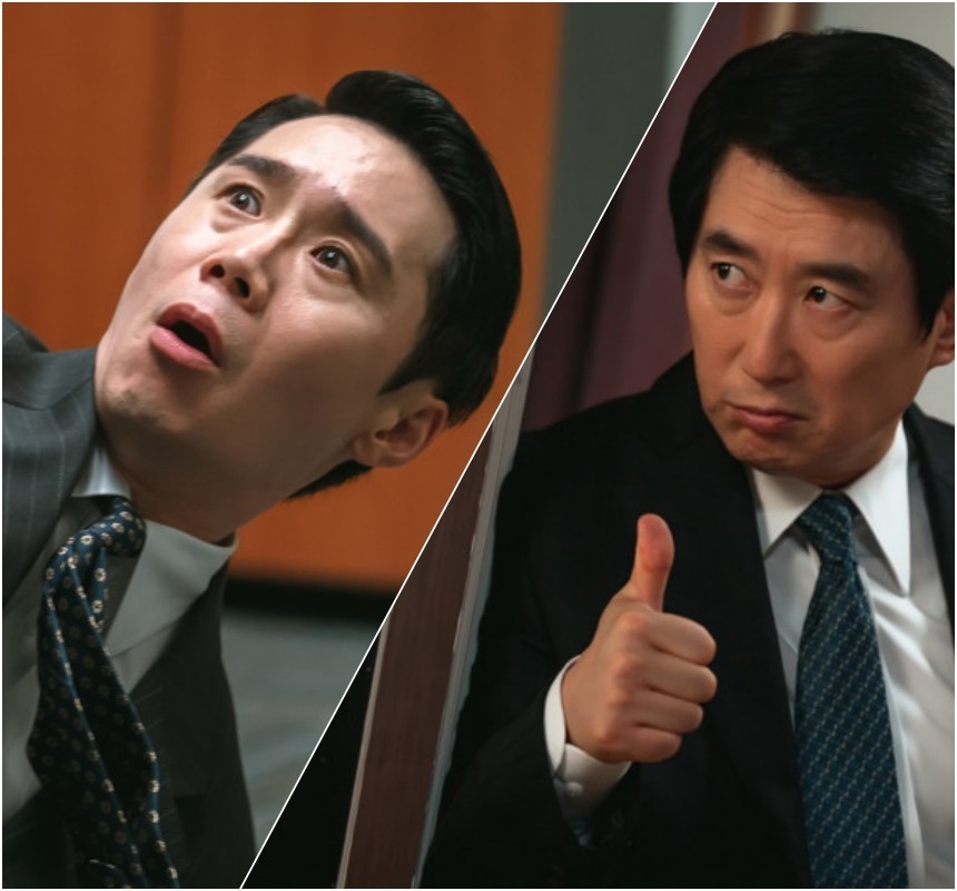호시탐탐 홍금보를 잡아먹지 못해 안달인 빌런 차중일과 홍금보의 강력한 지지자인 국장 윤재범 역의 임철수와 김원해. 드라마의 웃음 축을 담당하고 있다.&nbsp;사진=tvN 제공