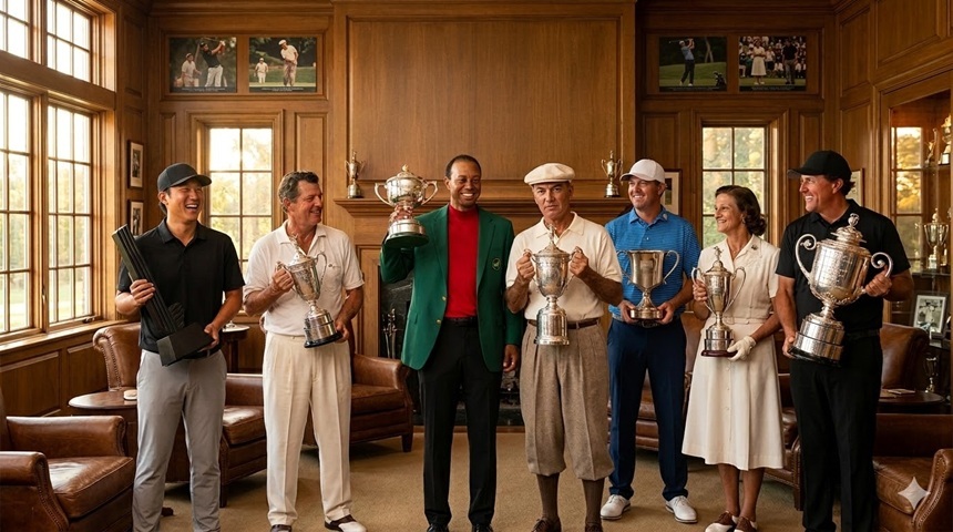 켄 벤투리, JB 홈즈, 베이브 자하리아스, 타이거 우즈, 필 미켈슨, 벤 호건 등은 각기 교통사고, 암, 중증 부상, 수술, 나이의 한계 같은 시련을 딛고 다시 우승을 일궈내며 골프가 단순한 경기 이상의 인간적 감동을 줄 수 있음을 보여줬다. 사진=생성형AI