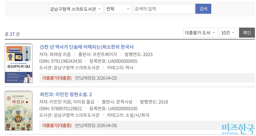 강남구청역 스마트도서관에 도서 자료를 검색한 결과 전체 292권 중 27권이 대출중 상태로 파악됐다. 사진=윤채현 인턴기자