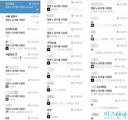 텔레그램 불법 인강 자료 유통 채널 내 서랍장 화면. 과목과 강사별로 강의가 구분돼 있어 이용자가 원하는 자료를 쉽게 찾을 수 있다. 사진=윤채현 인턴기자