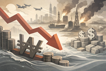 중동 전쟁 이후 우리나라 원·달러 환율이 세계 39개 주요국 통화 중에서 4번째로 높게 뛴 것으로 나타났다. 일러스트=생성형 AI