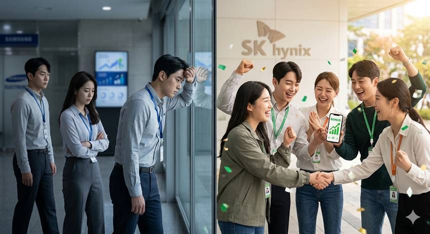 SK하이닉스의 성과급이 역대급에 달하면서 경쟁사인 삼성전자에선 상대적 박탈감을 느끼는 직원도 있다고. 사진=생성형 AI
