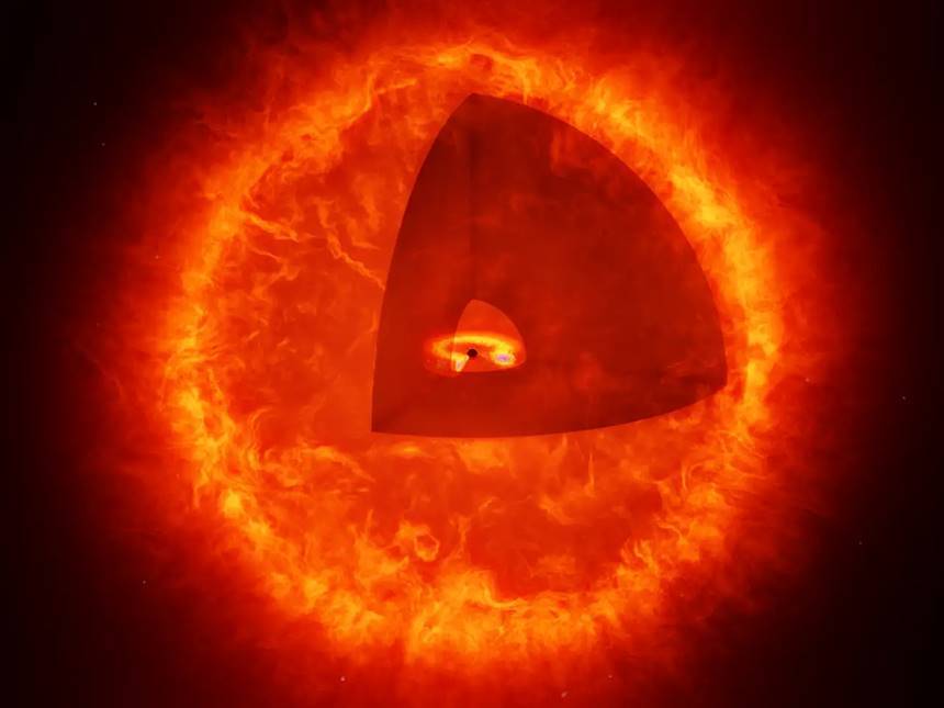 사실상 별이나 다름없는 높은 밀도의 두꺼운 먼지 구름 속에 블랙홀을 품고 있는 블랙홀 스타. 사진=T. Müller/A. de Graaff/Max Planck Institute for Astronomy