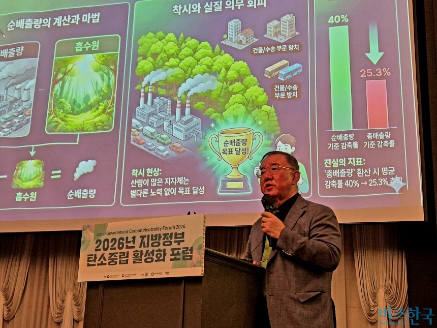 신현석 국가기후위기대응위원회 에너지공정전환 분과위원장이 22일 오후 유탑마리나 호텔 ‘지방정부 탄소중립 활성화 포럼’에서 발제하고 있다. 사진=김민호 기자