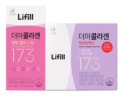 왕라오지약업 영업망을 통해 하반기 중국에 선보이는 농심 ‘라이필’ 콜라겐 2종 더마콜라겐 탱탱 젤리스틱과 비오틴 맥스. 사진=농심 제공