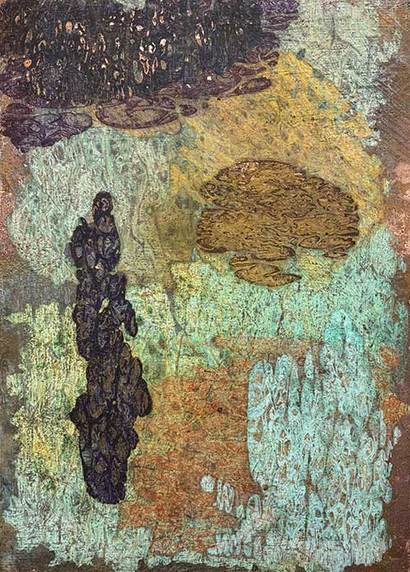 형태 이전의 기억과 12: 110×79×12cm 장지에 백토, 동박 부식, 분채 2023-2025
