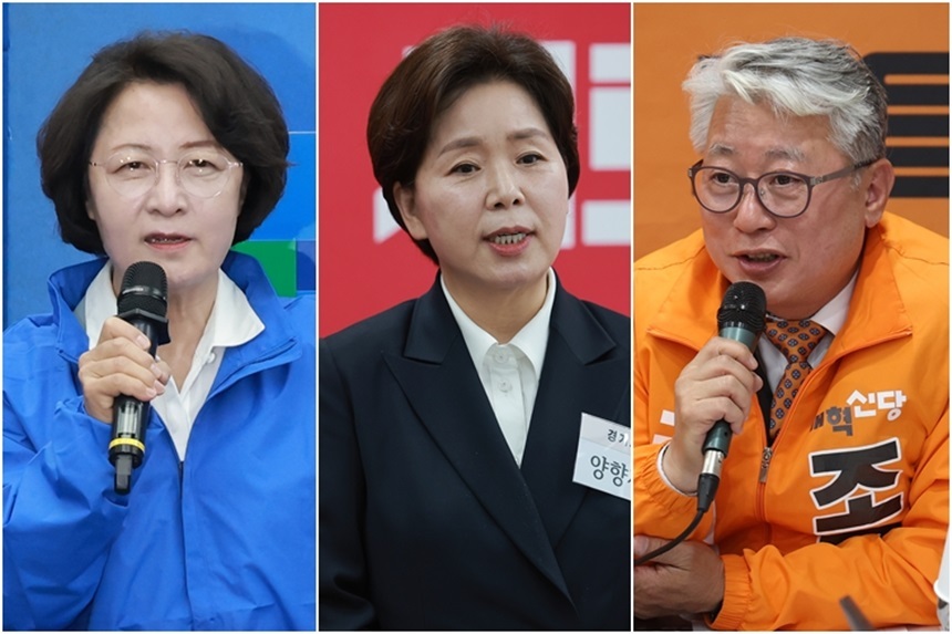 경기지사에 출마한 더불어민주당​ 추미애 후보는 생태계 제도화, 국민의힘 양향자 후보는 초광역 클러스터, 개혁신당 조응천 후보는 교통망으로 각기 다른 공약을 내놨다(왼쪽부터). 사진=연합뉴스