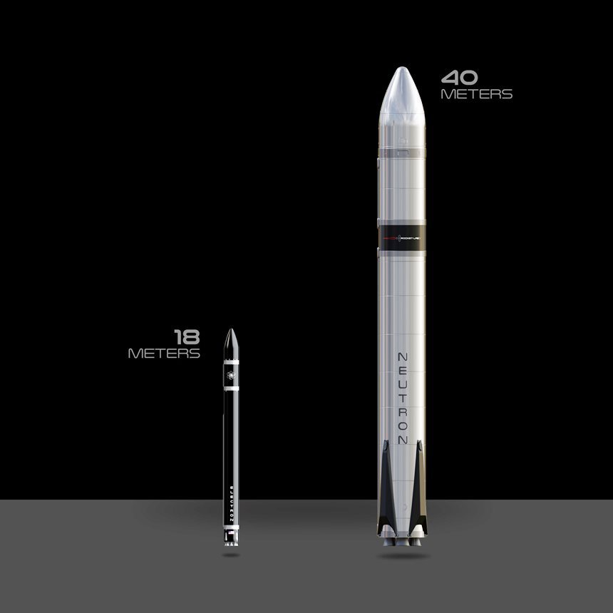 일렉트론 로켓과 뉴트론 로켓(오른쪽)의 크기를 비교한 그림. 이미지=Rocket Lab