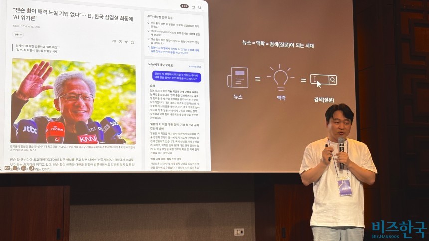 이건수 AXZ 대표가 다음에 적용할 AI 기능을 소개하고 있다. 화면 오른쪽에는 AI가 생성한 연관 질문과 ‘솔라에게 물어보세요’ 창이 표시돼 있다. 사진=윤채현 기자