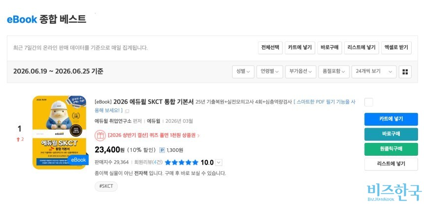 SKCT 통합 기본서가 ​예스24 e북 종합 베스트에 올랐다. 사진=예스24 홈페이지 캡처
