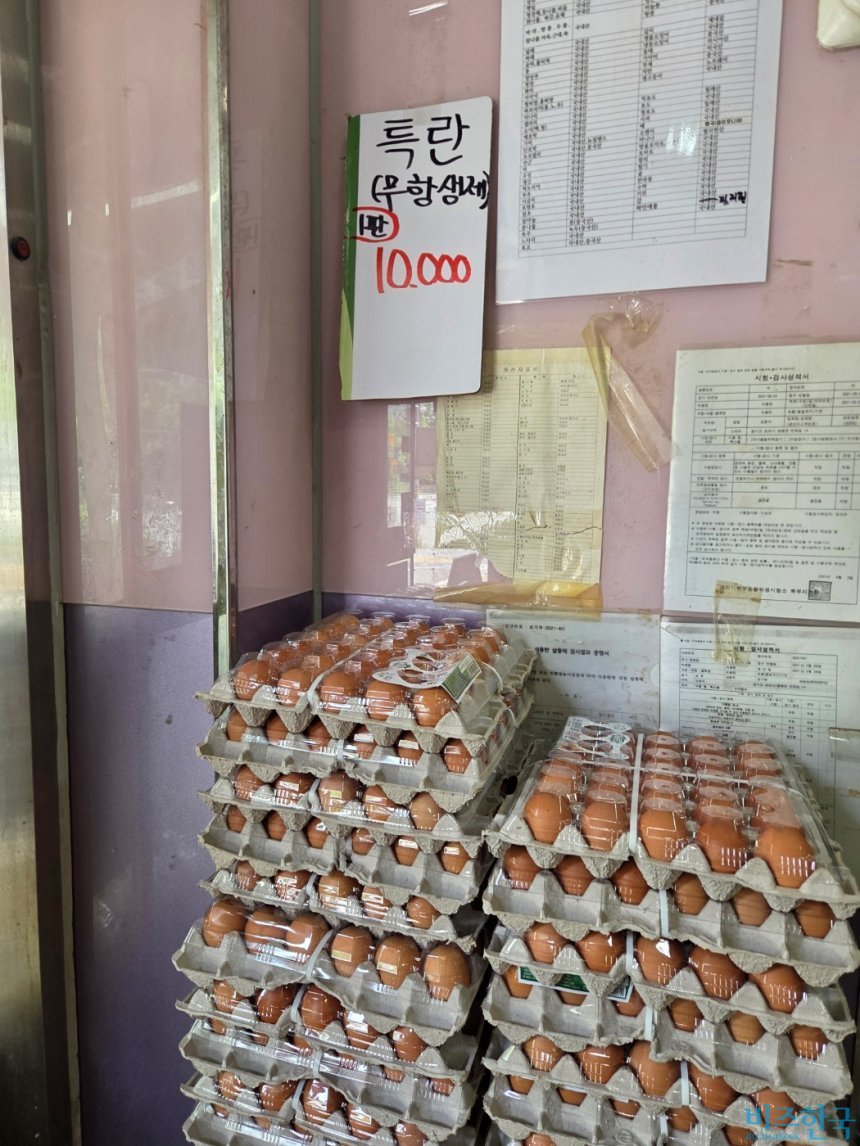 계란 30구 가격이 1만 원 안팎까지 오르면서 장바구니 부담이 커지고 있다. 지난 6월 30일 경기도의 한 식자재마트에 계란이 쌓여 있다. 사진=정원혁 기자